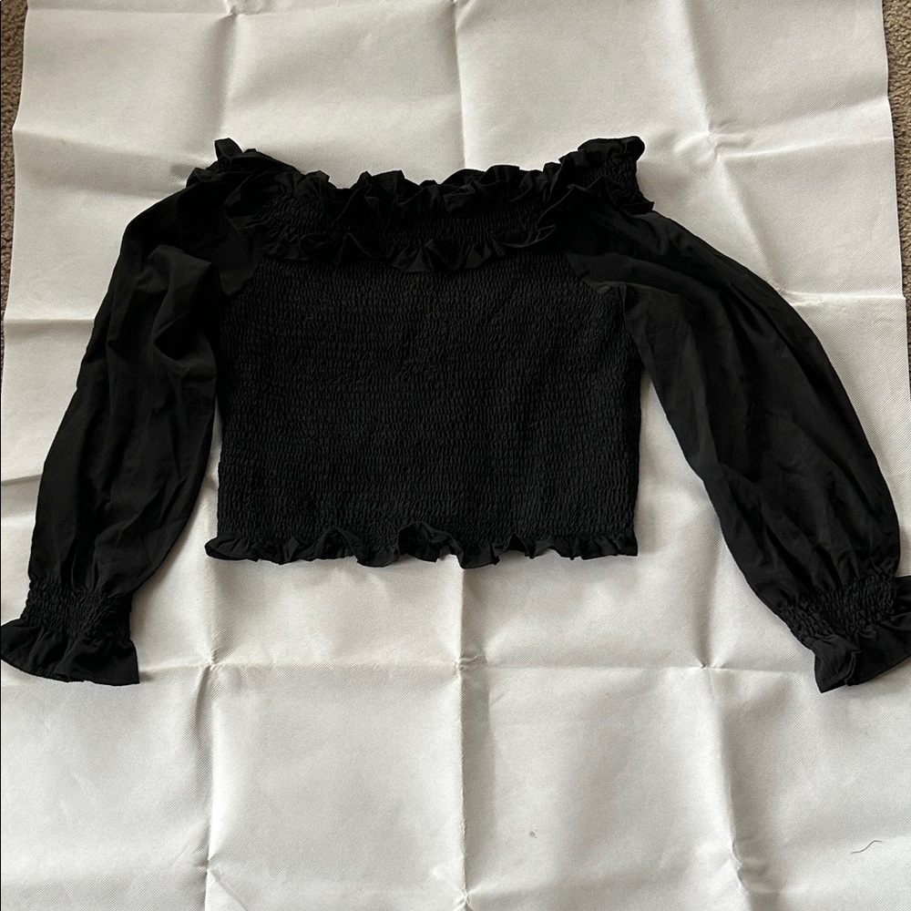 Black Smocked Off-Shoulder Long Sleeve Top